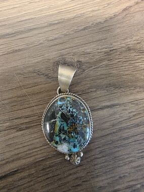 Sterling Silver Turquoise and Black Jasper Oval Pendant - Blue Green Stone